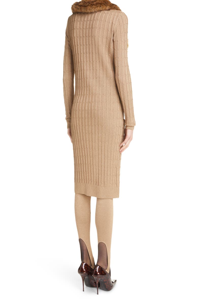 Saint Laurent Cable Knit Cardigan Long Sleeve Sweater Dress with Faux Fur Trim, Alternate, color, 
