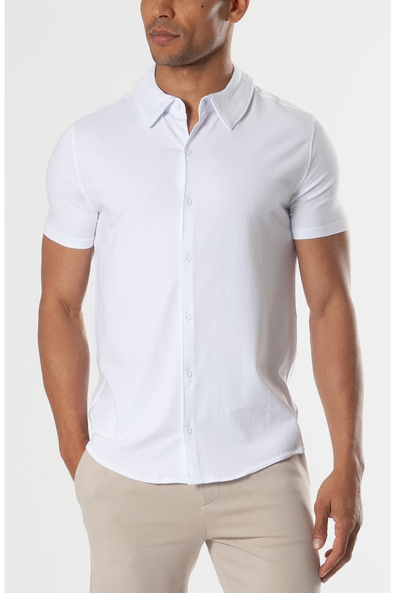 Short Sleeve Stretch Cotton Knit Button-Down Shirt, Main, color, WHITE
