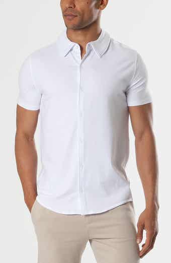 Short Sleeve Stretch Cotton Knit Button-Down Shirt