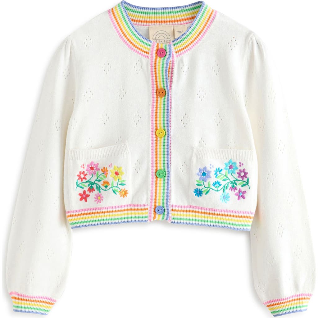 Shop Little Bird Kids' Floral Embroidered Pointelle Cotton Cardigan In White