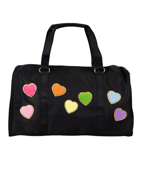 Duffle bag with heart patches