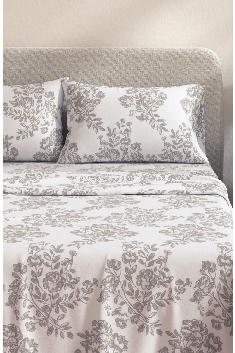 Turkish Cotton Flannel Winter Floral Sheet Set, Main, color, TOILE - GREY