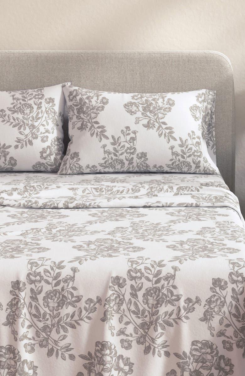 Woven & Weft Turkish Cotton Flannel Winter Floral Sheet Set, Main, color, Toile - Grey