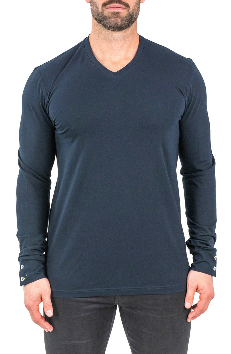 Maceoo Edison Solid Crypt Print Accent V-Neck Cotton Sweater, Main, color, 