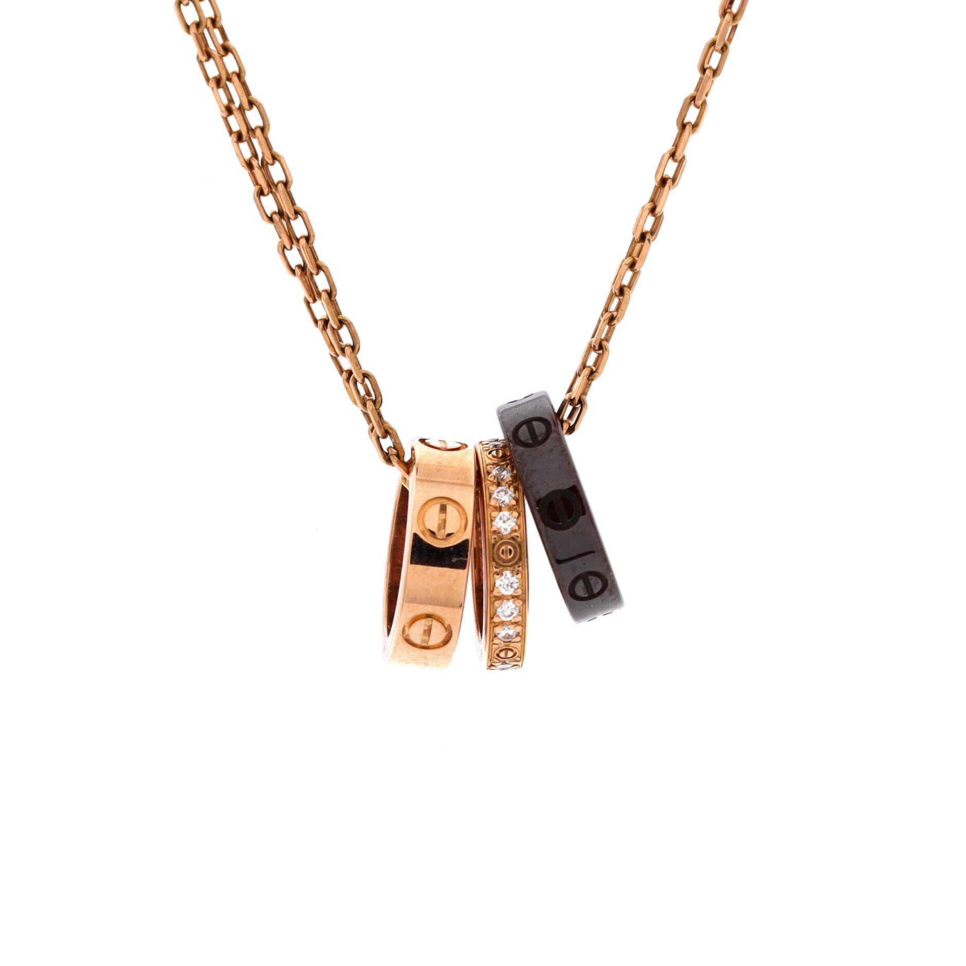 Love 3 Ring Pendant Necklace 18K Rose Gold and Ceramic with Diamonds, Main, color, Metallic Gold