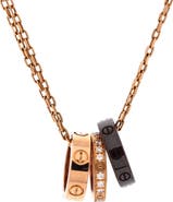 Pre-Owned Cartier Love 3 Ring Pendant Necklace 18K Rose Gold and Ceramic with Diamonds
