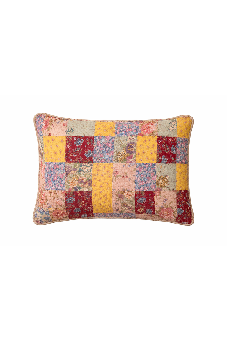 Floria Multicolor Patchwork Flowers 100% Cotton Standard Pillow Sham 20" x 26", Main, color, Yellow