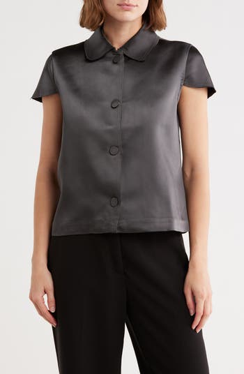 Collar Short Sleeve Satin Button-Up Shirt