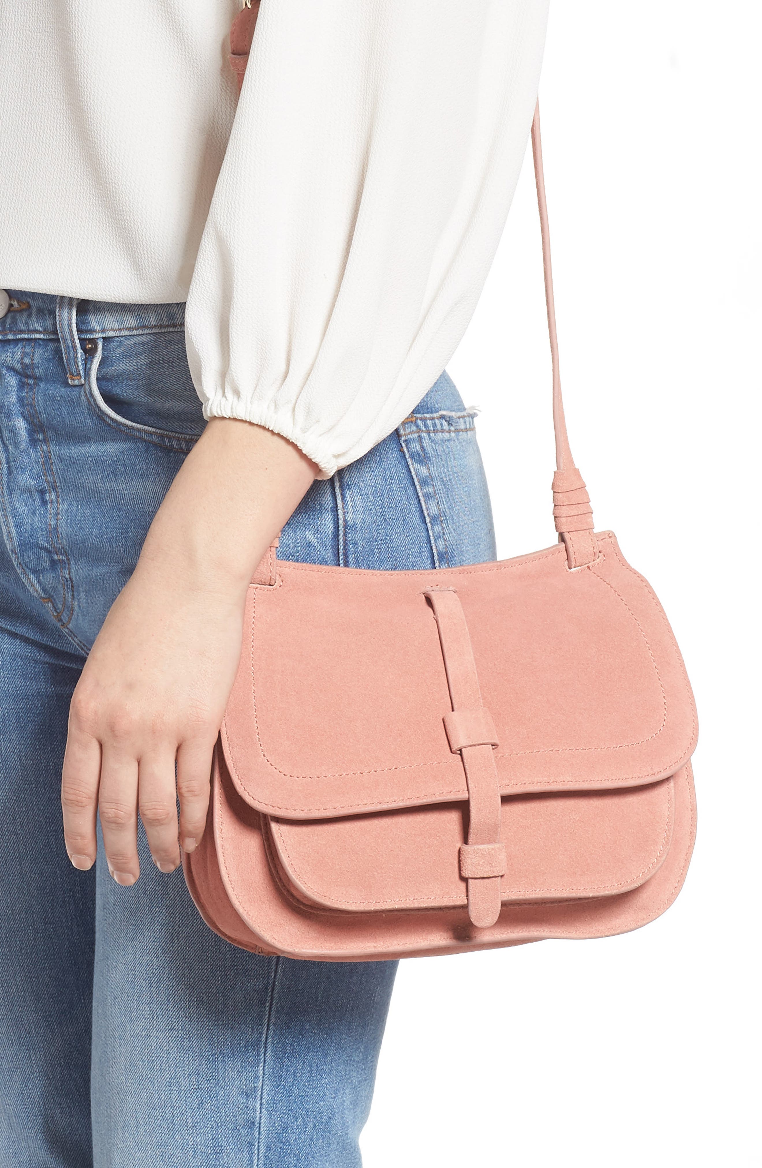Suede Crossbody Saddle Bag, Alternate, color, CLAY
