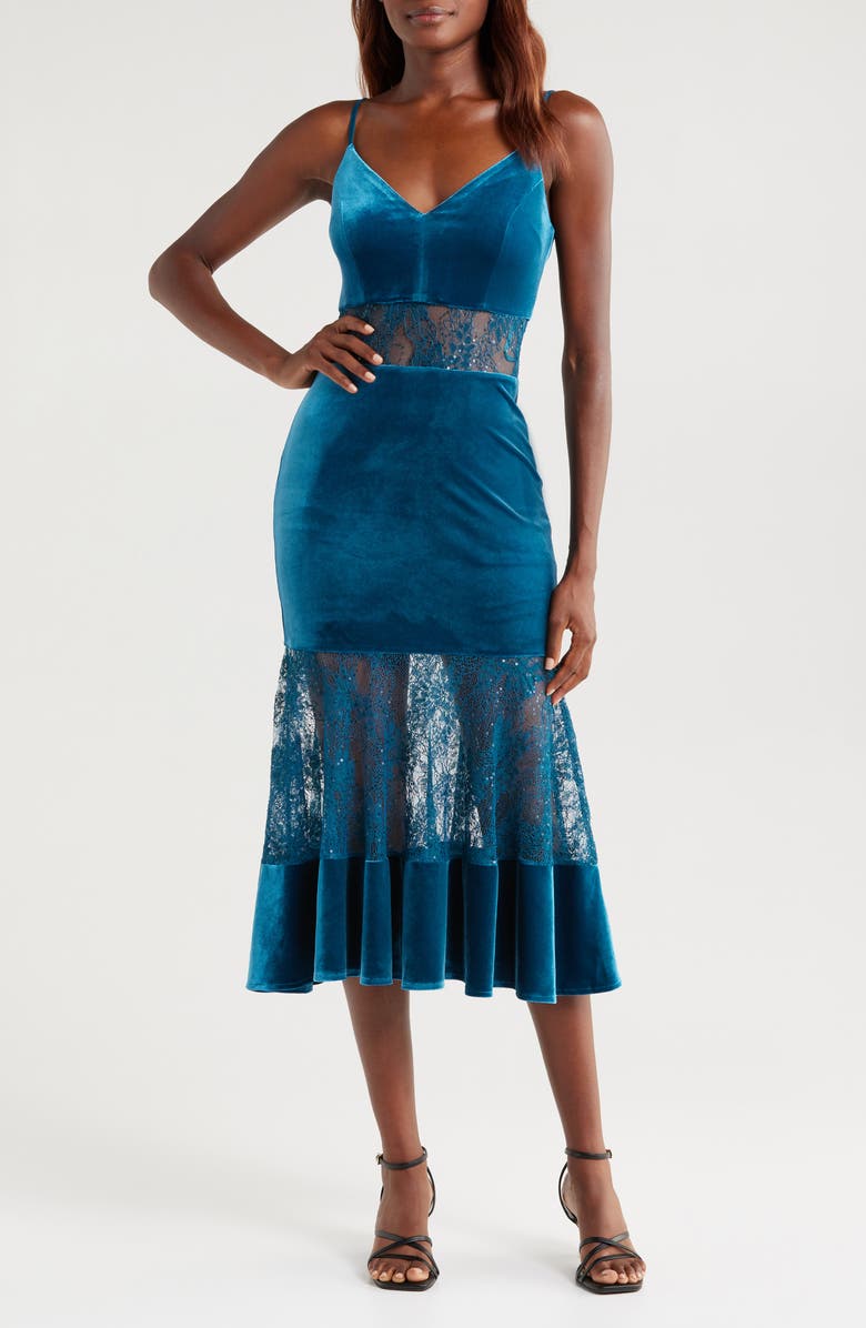bebe Velvet & Lace Cocktail Midi Dress, Main, color, Teal