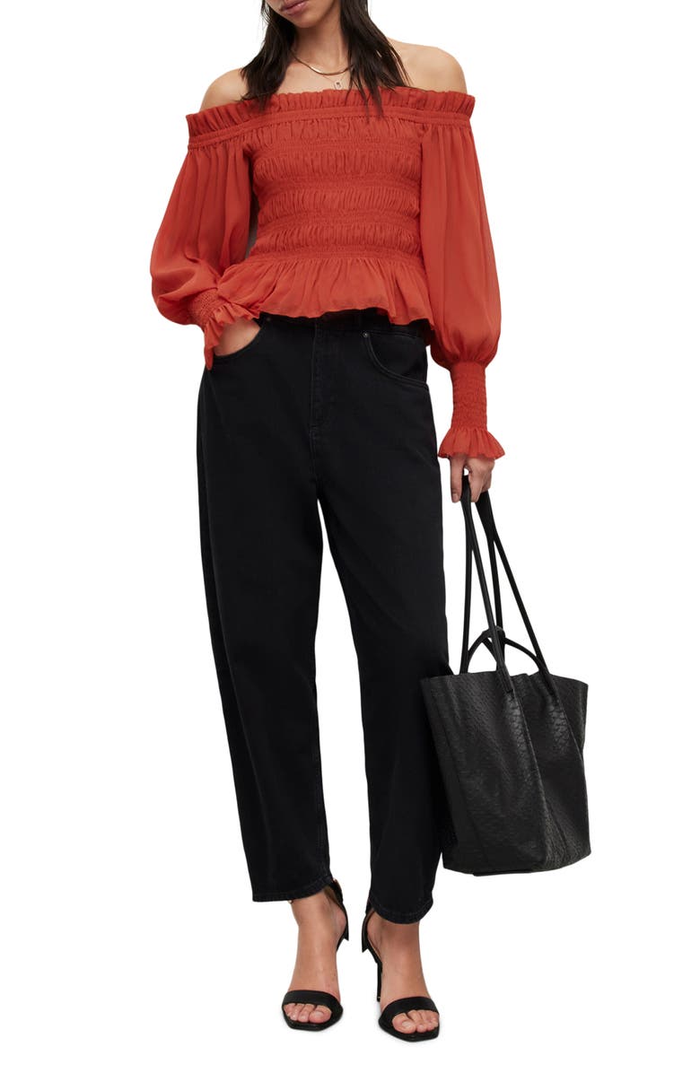 AllSaints Lara Shirred Off-The-Shoulder Peplum Top, Alternate, color, Red Clay