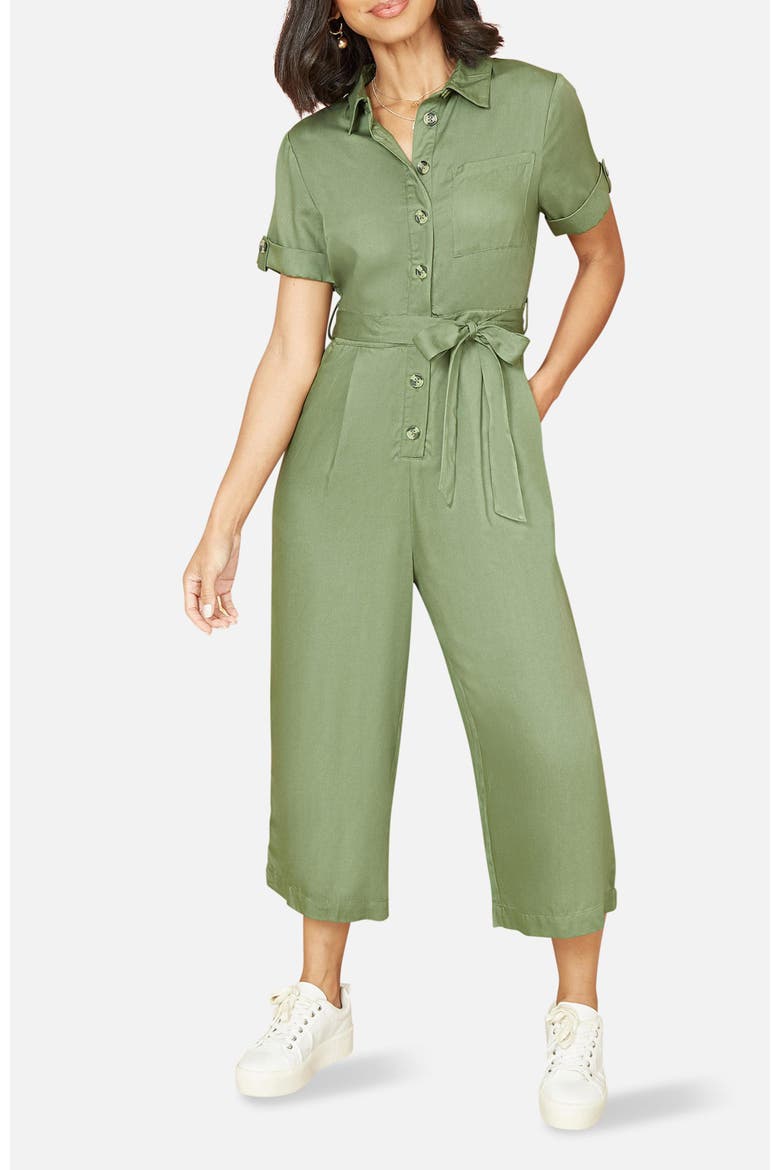 Structured Belted Cropped Jumpsuit, Alternate, color, Green