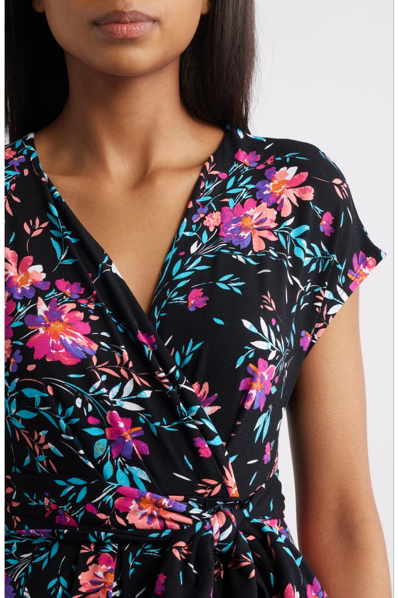 Floral Print Faux Wrap Midi Dress, Alternate, color, BLACK/ FUCHSIA