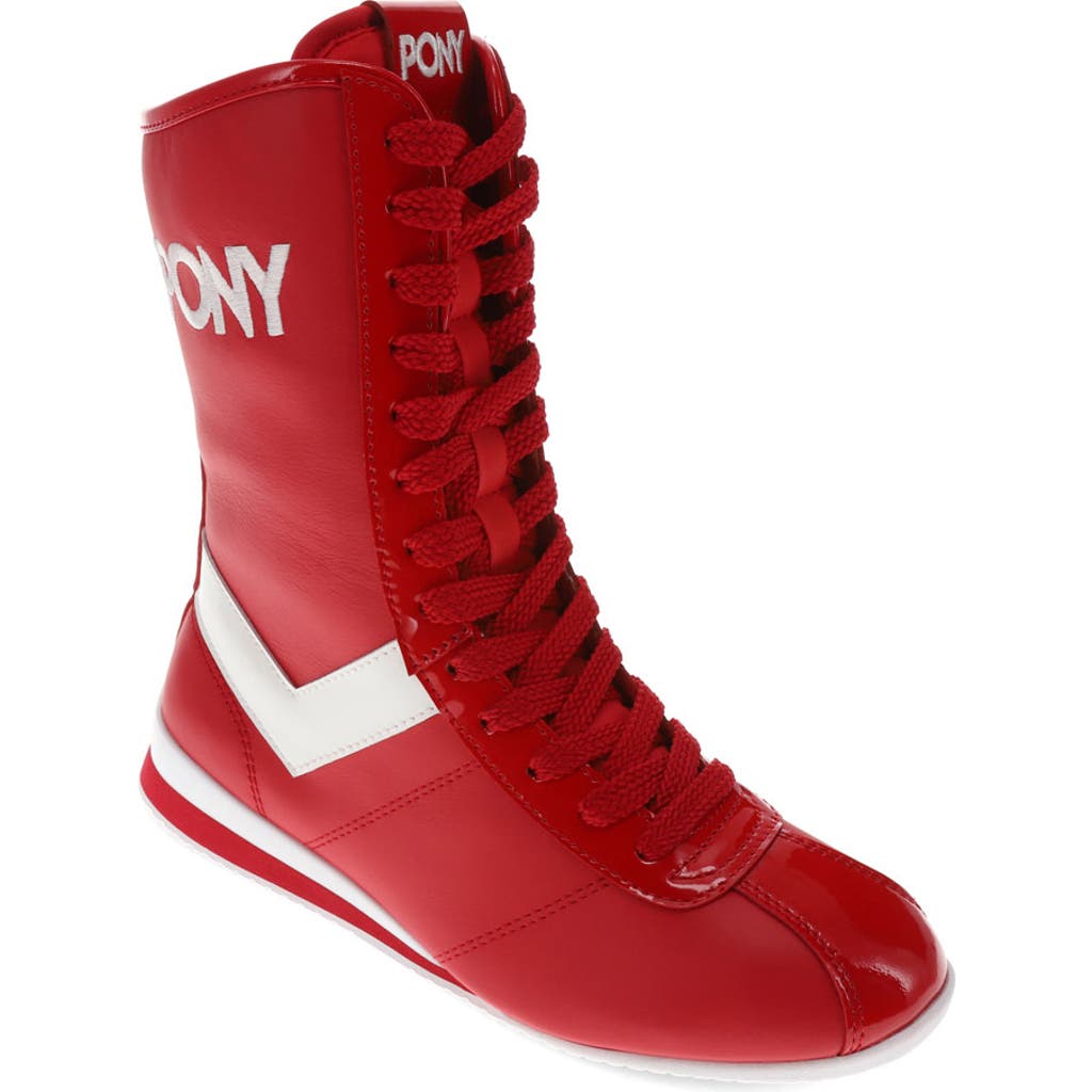 Pony Womens Ko-80 High Patent Genuine Leather Premium Lace Up Athletic Sneaker Shoe In Red/white