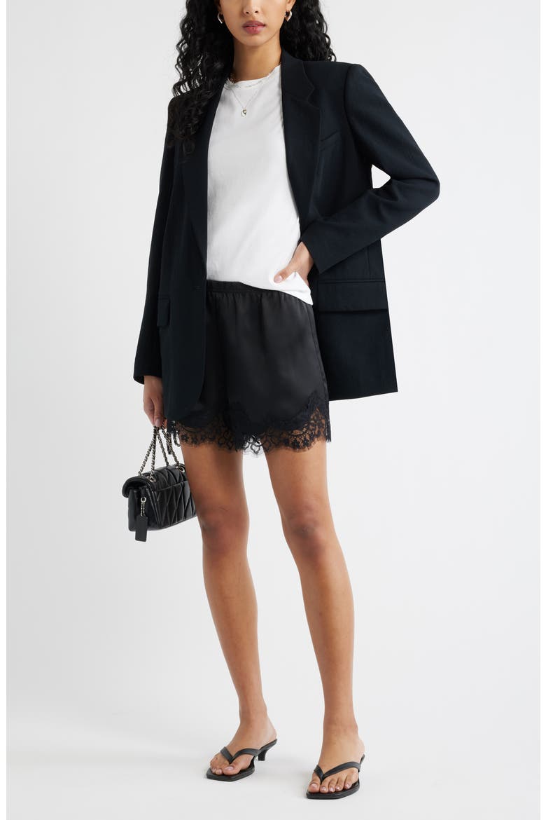 Lace Trim Satin Shorts, Alternate, color, BLACK