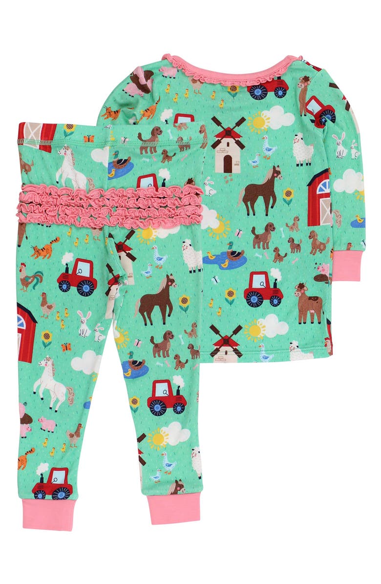 RuffleButts SoftSnooze Ruffle Long Sleeve Pajama Set, Signature Rear Ruffles, Alternate, color, Farm Friends