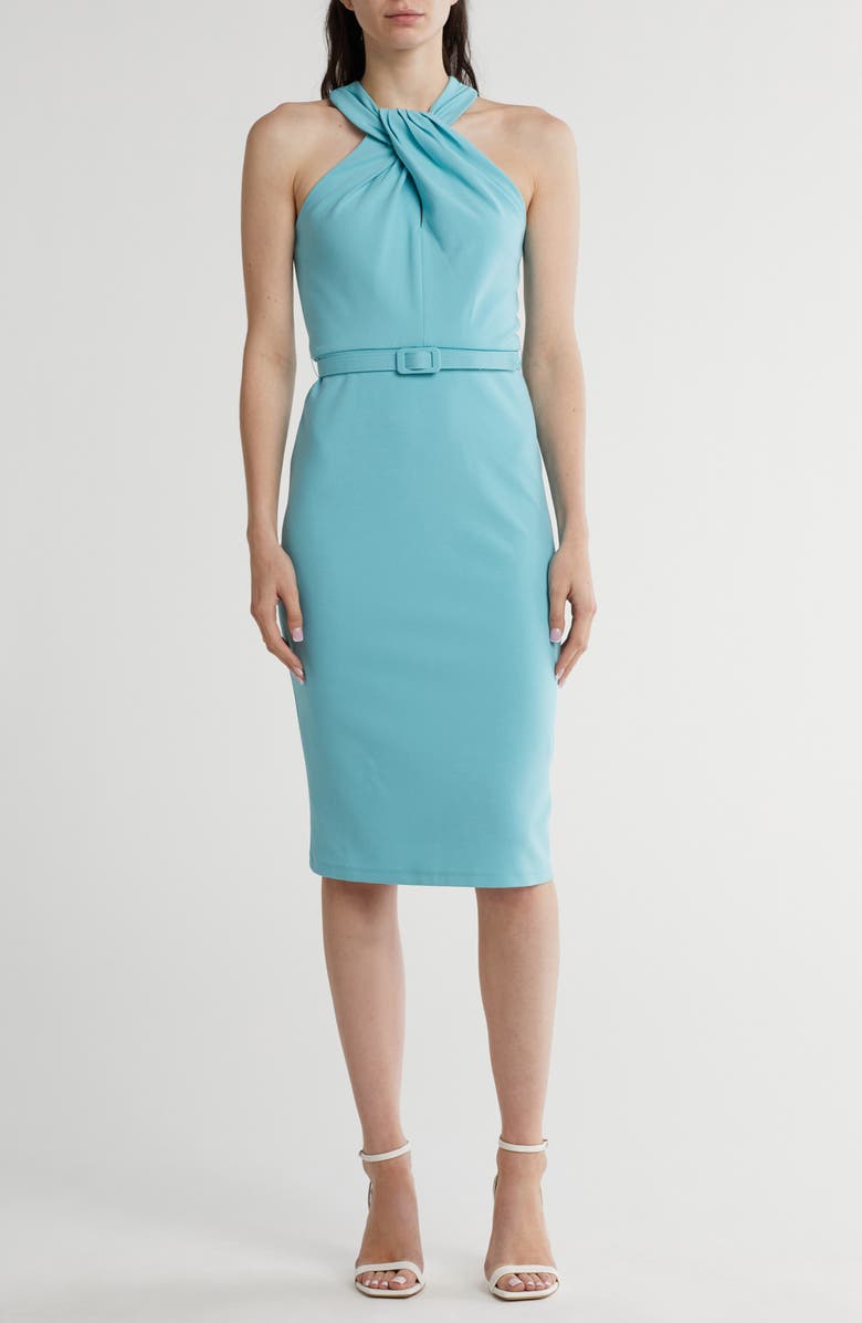 Maggy London Twist Neck Midi Sheath Dress, Main, color, Milky Blue