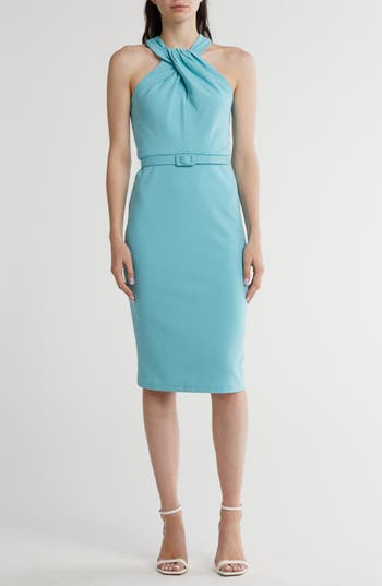 Maggy London Twist Neck Midi Sheath Dress In Milky Blue