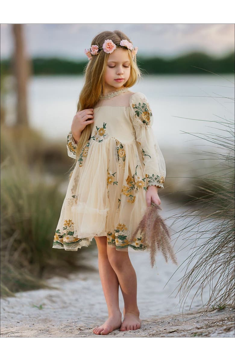 Mia Belle Girls Flower Embroidered Lace Dress, Alternate, color, Yellow