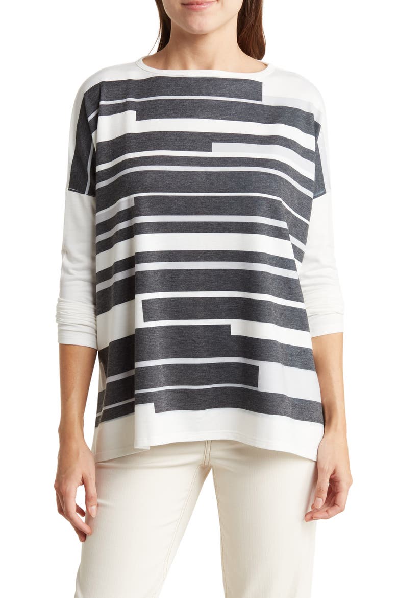 Dolman Sleeve Asymmetrical Hem Pullover, Main, color, IVORY/ BLACK PRINT 1