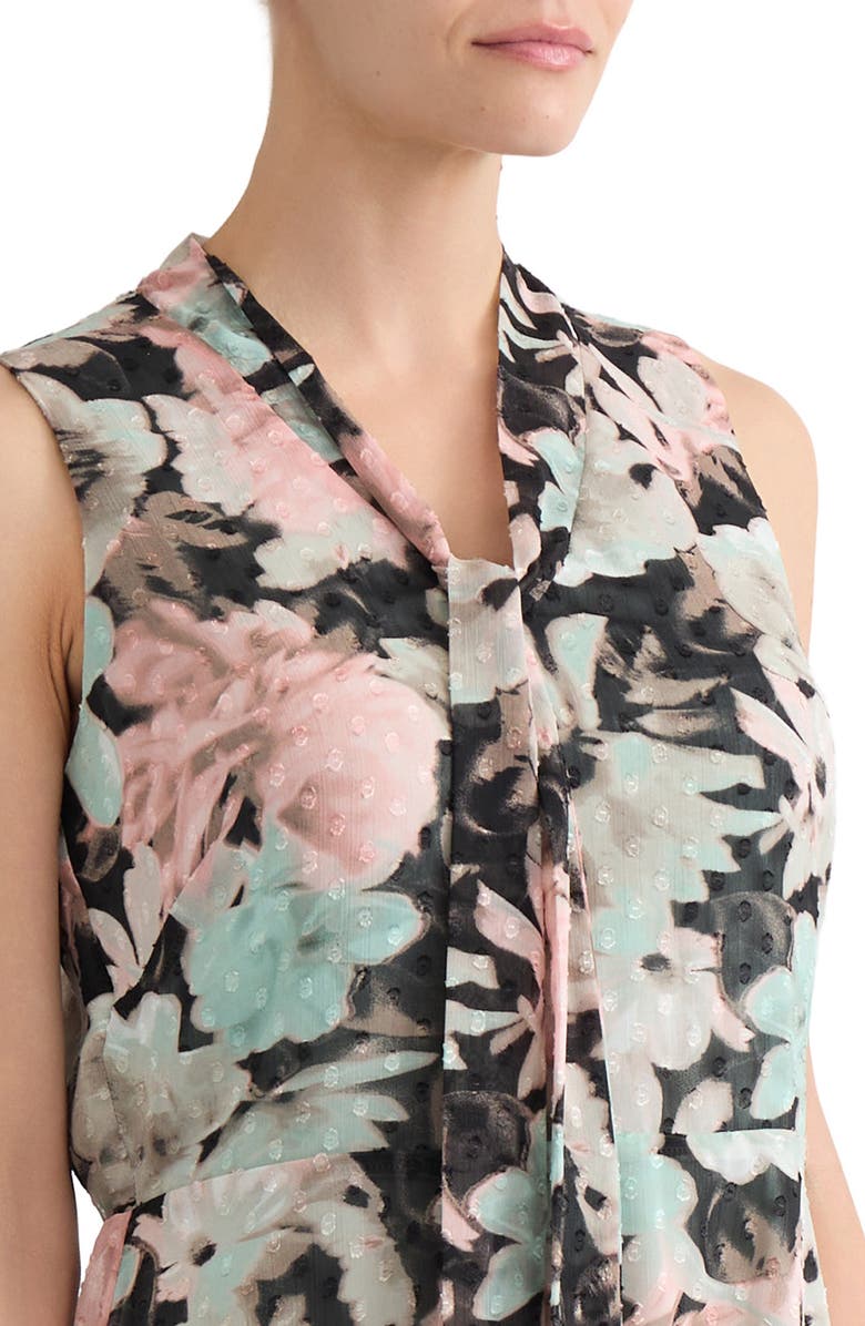 KASPER Floral Print Clip Dot Tie Neck Sleeveless Midi Dress, Alternate, color, Black Multi