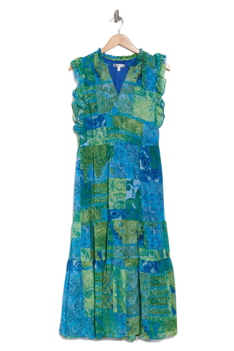Ruffle Sleeveless Tiered Midi Dress, Alternate, color, BLUE/ GREEN