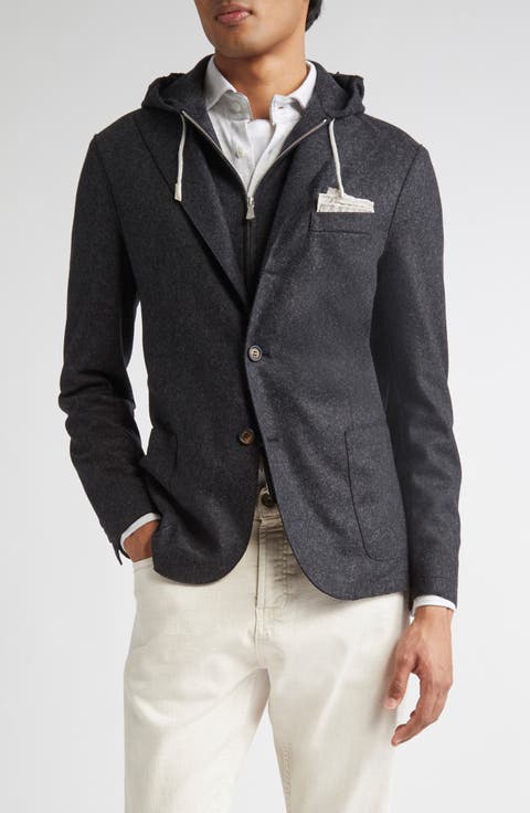 Single Breasted Wool Blend Sport Coat with Removable Hooded Bib