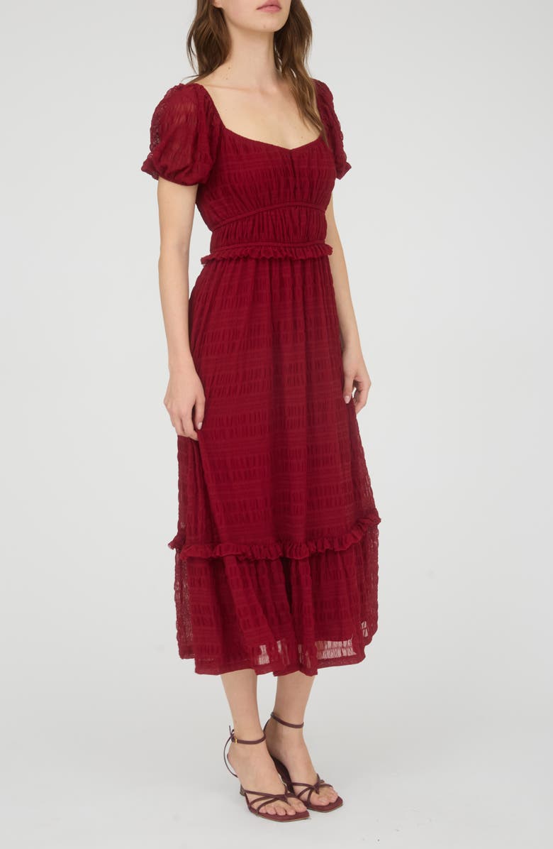 AUGUST SKY Puff Sleeve Tiered Midi Dress, Alternate, color, Deep Red