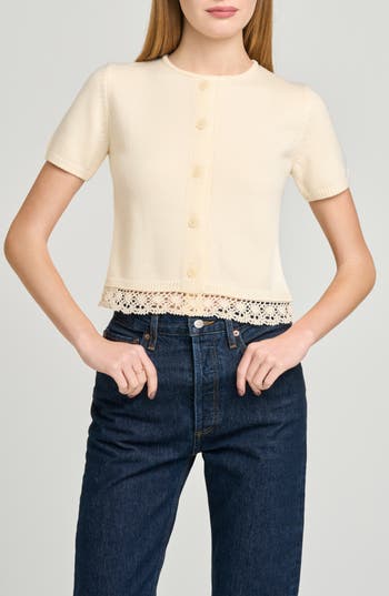 Wayf Carine Lace Trim Button Front Cardigan In Cream