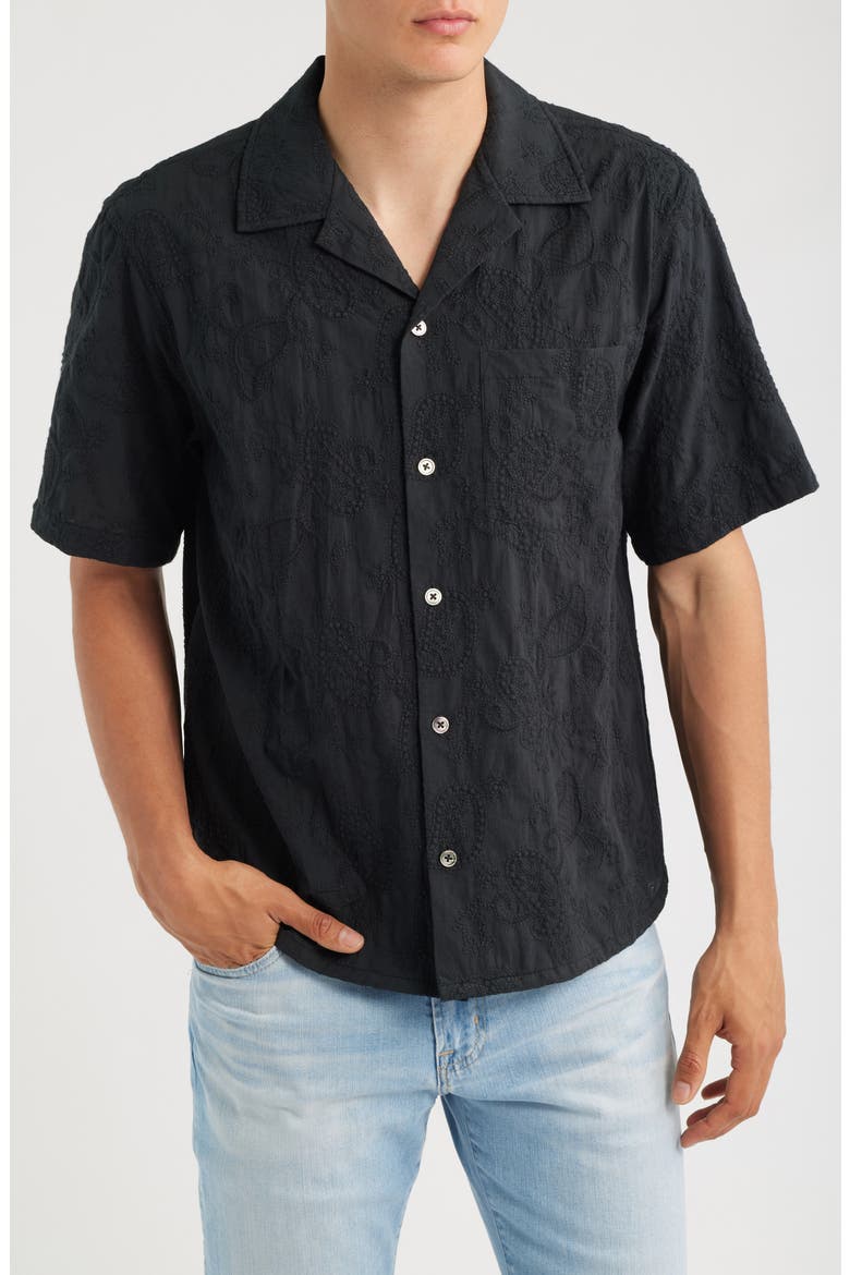 Paisley Embroidered Cotton Camp Shirt, Main, color, BLACK