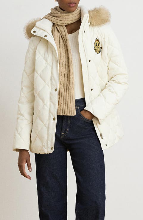 Diamond Quilted Faux Fur Trim Hooded Puffer Jacket