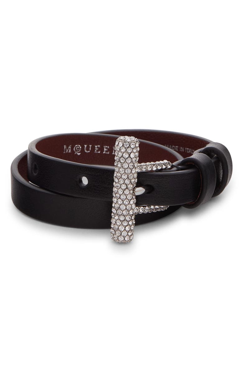 McQueen Crystal Pavé T-Bar Leather Wrap Bracelet, Main, color, Black/ Crystal