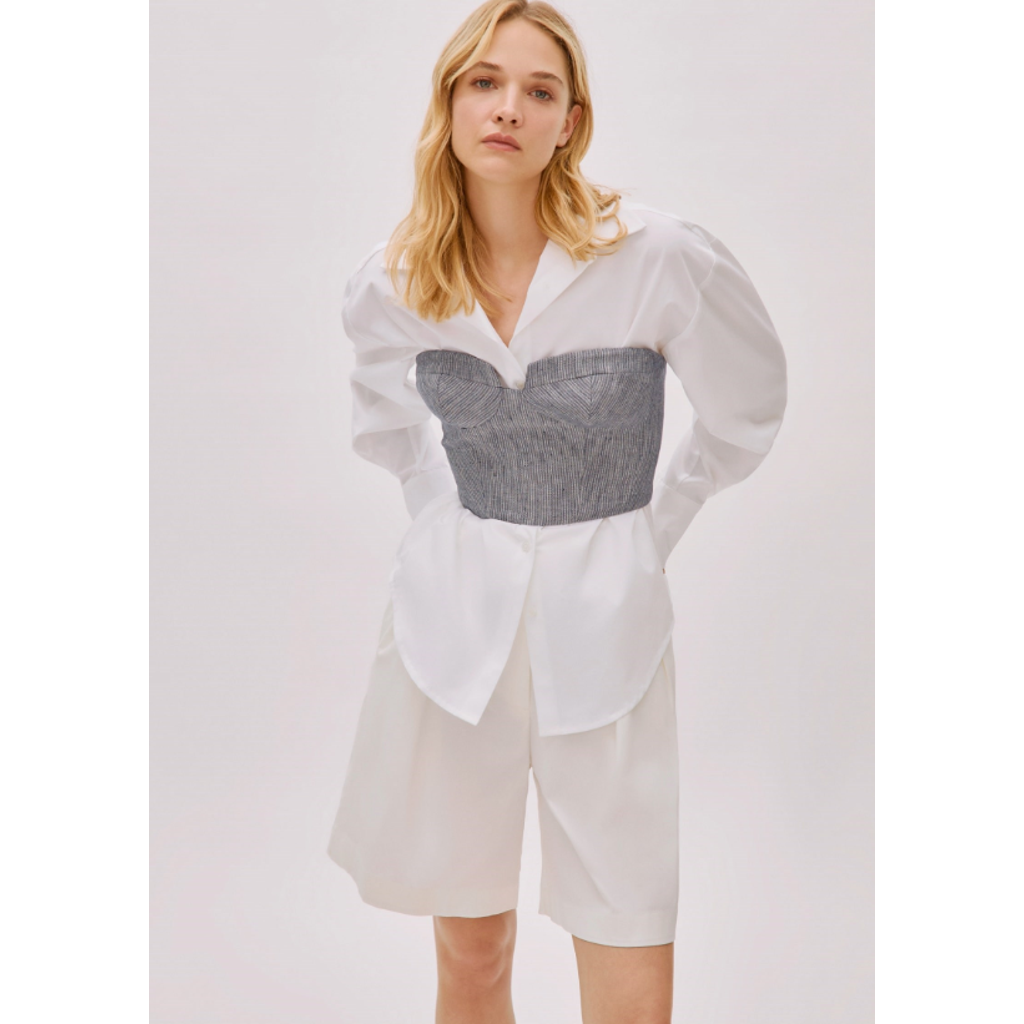 Labeca London Storm Blue Striped Linen-blend Bustier Top In Gray