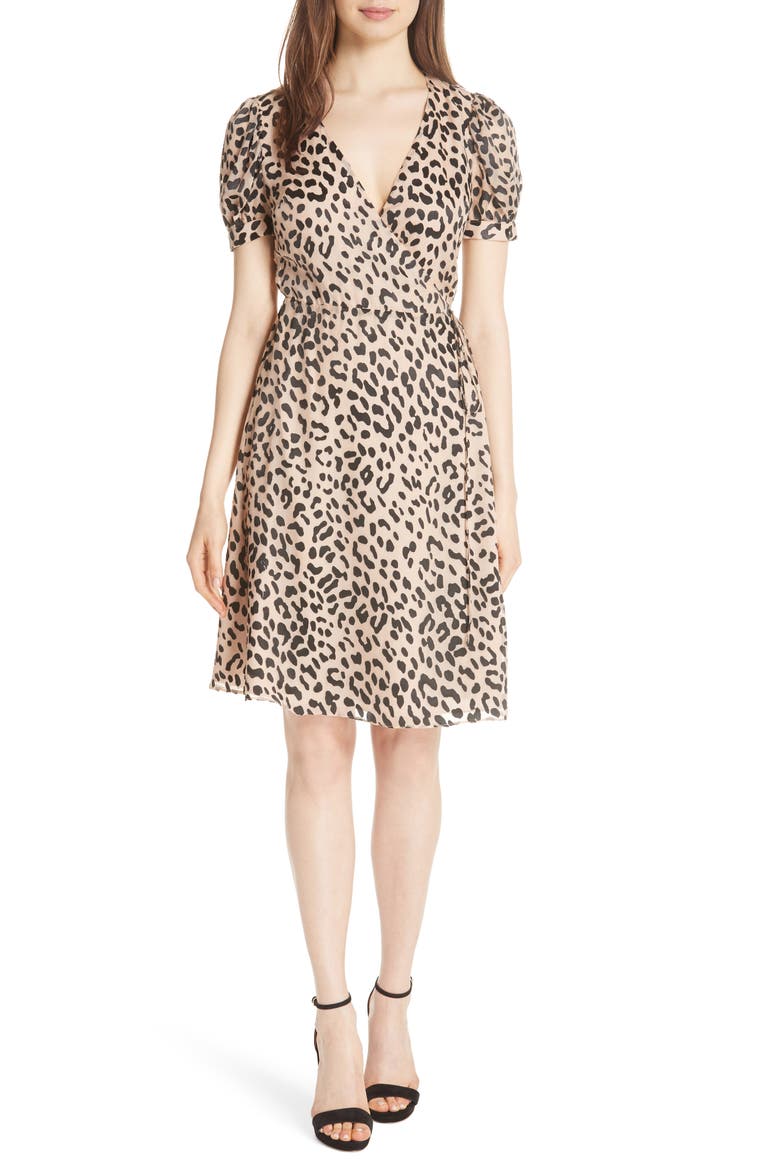 Puff Sleeve Wrap Dress, Main, color, LEOPARD/ SAND