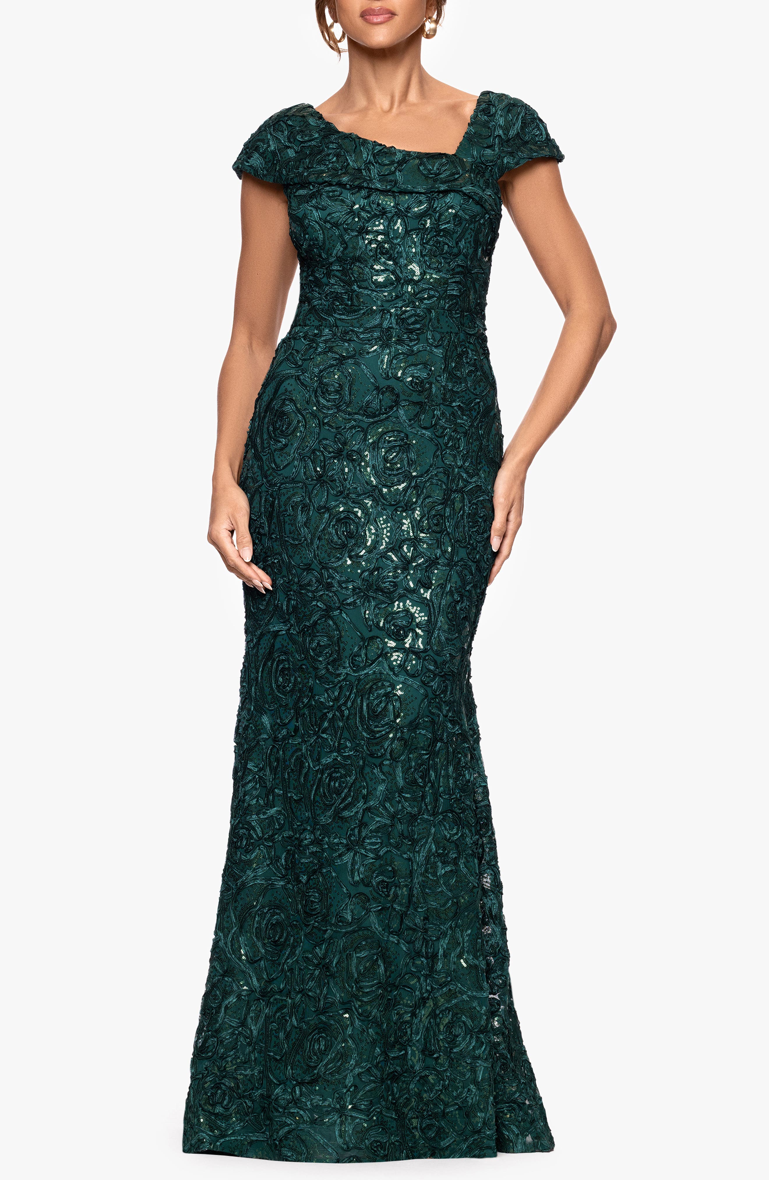 Xscape Evenings Asymmetric Neck Sequin Floral Mermaid Gown in Hunter 