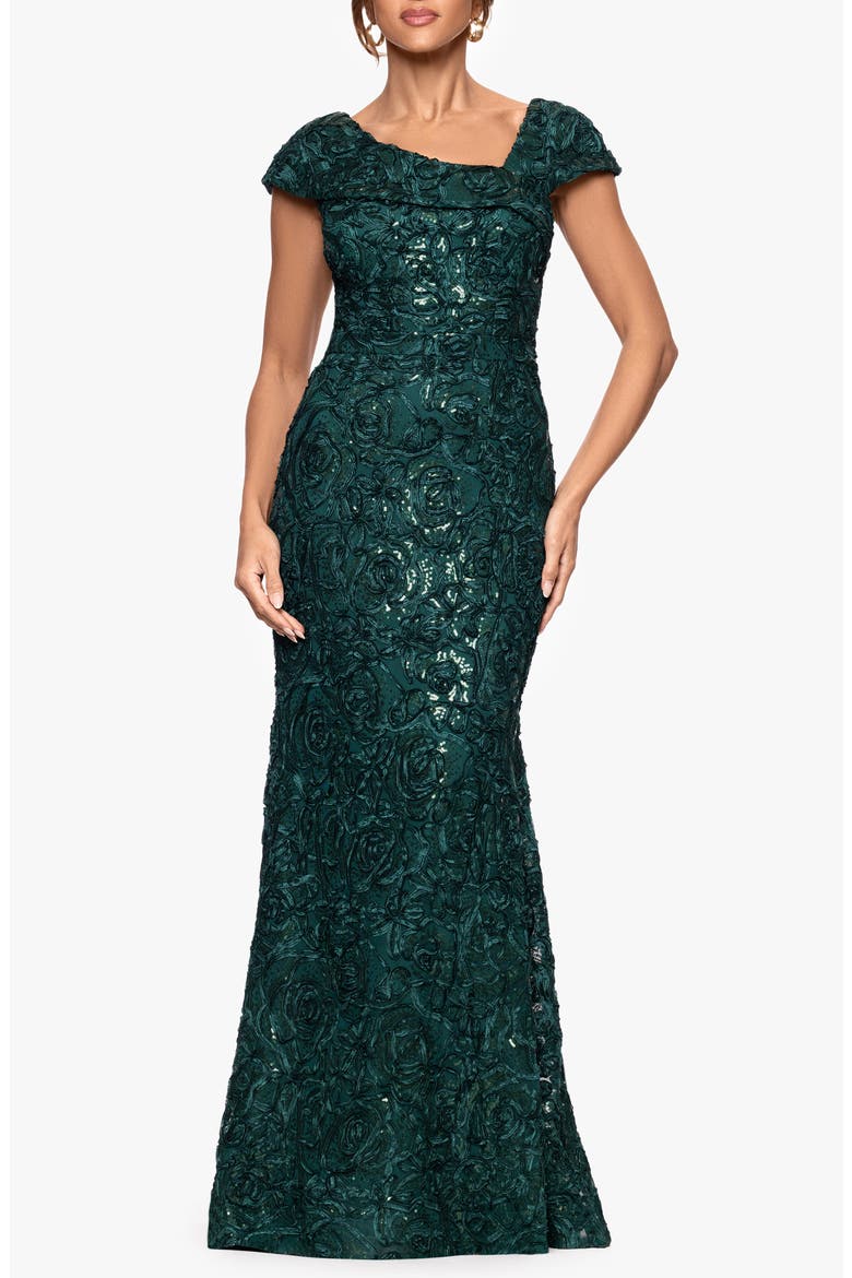 Asymmetric Neck Sequin Floral Mermaid Gown, Main, color, HUNTER