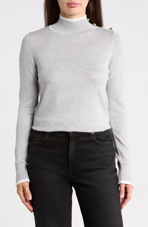 Tipped Button Shoulder Mock Neck Sweater