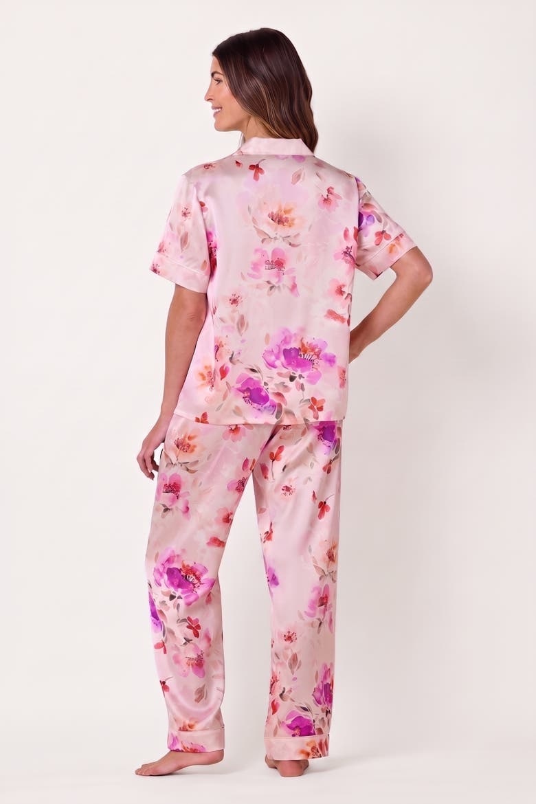 Floral Short-Sleeved Silk Pajama Set, Alternate, color, Morning in Savannah