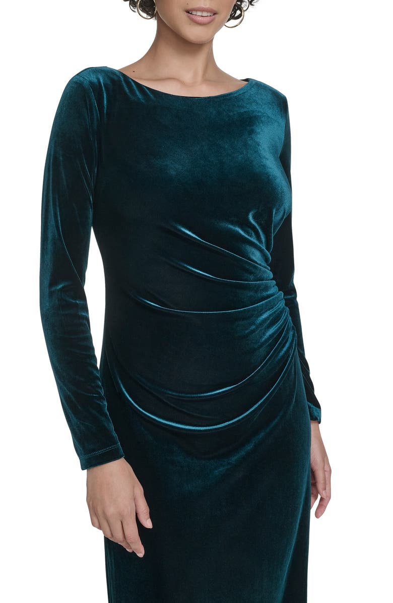 Calvin Klein Long Sleeve Ruched Velvet Gown, Alternate, color, Malachite