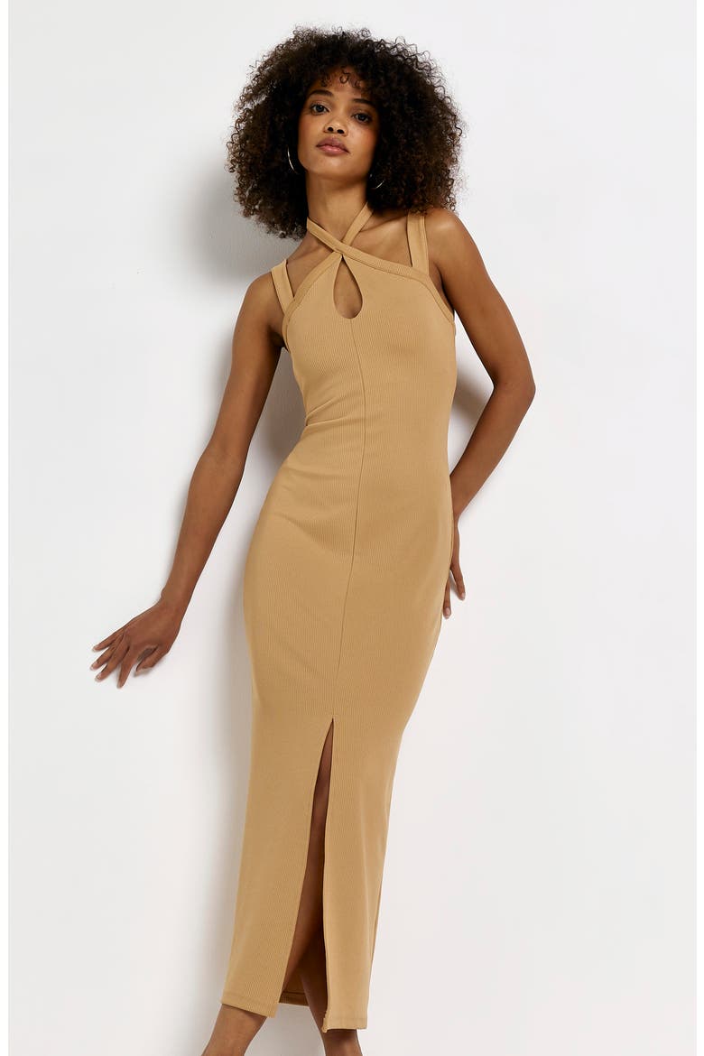 Ribbed Halter Midi Dress, Alternate, color, LIGHT BEIGE