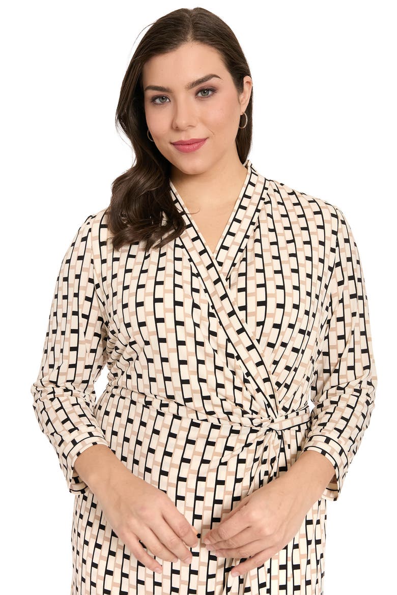 Geometric Print Faux Wrap Dress, Alternate, color, BLACK/ CREAM