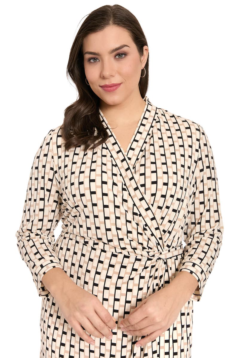 London Times Geometric Print Faux Wrap Dress, Alternate, color, Black/ Cream