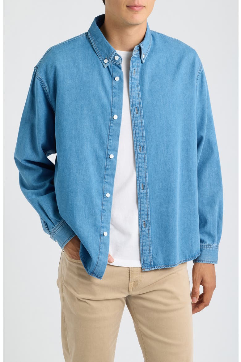 Solid Cotton Blend Denim Button-Down Shirt, Main, color, WHISPER SKY