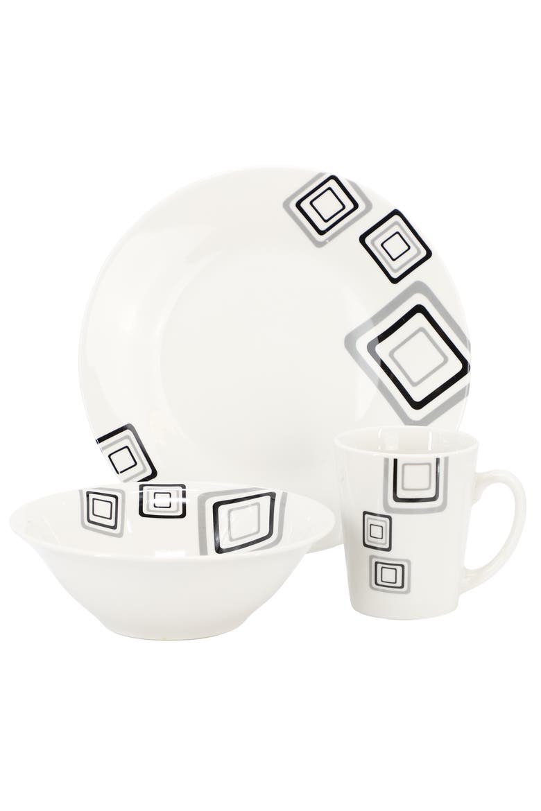 Black Squares 12 Piece Round Fine Ceramic Dinnerware Set, Alternate, color, White