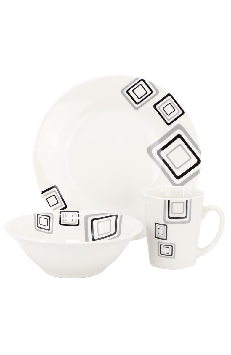 Gibson Home Black Squares 12 Piece Round Fine Ceramic Dinnerware Set, Alternate, color, White