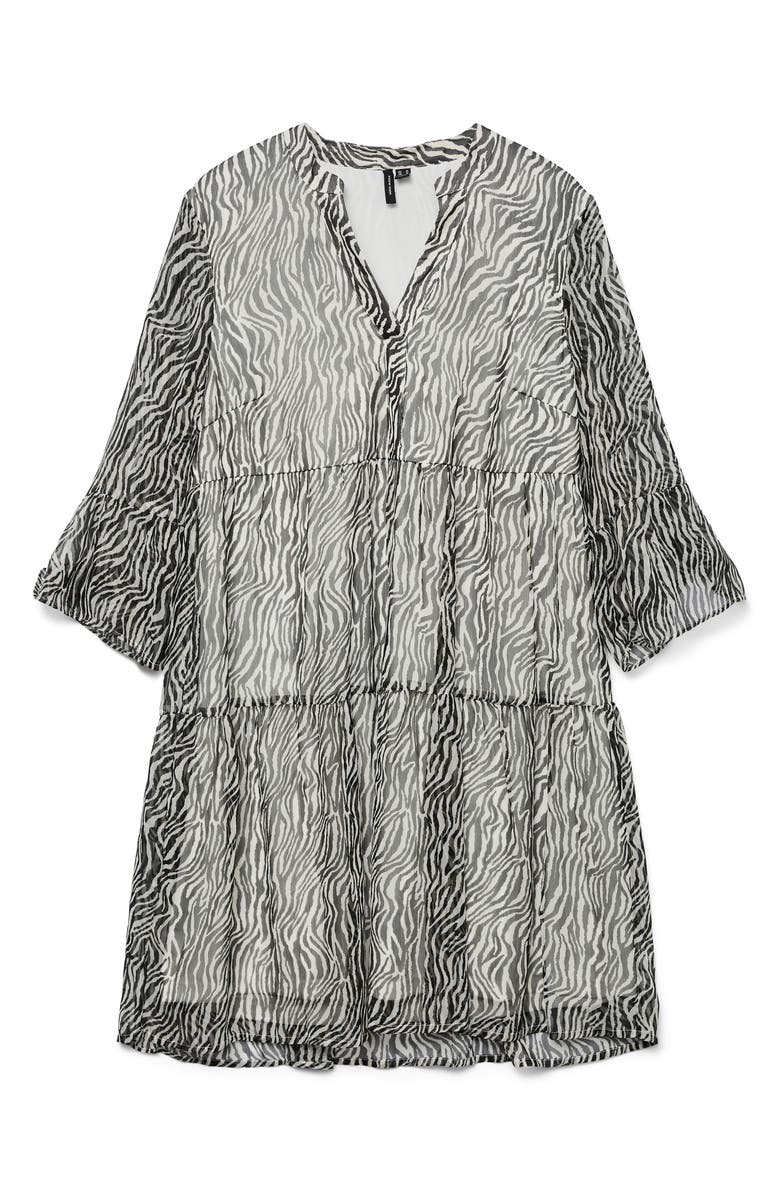 VERO MODA Smilla Three-Quarter Sleeve Drop Waist Dress, Alternate, color, Snow White All Over Print Zebr