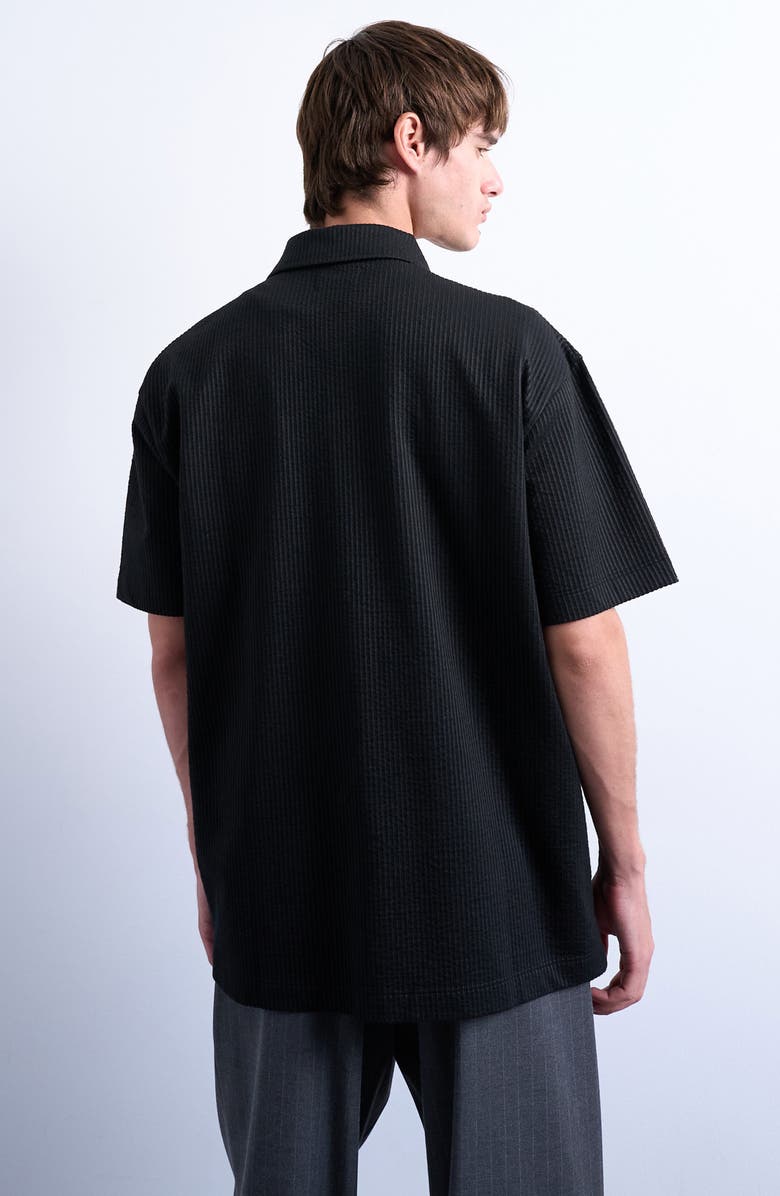 Topman Seersucker Zip-Up Shirt, Alternate, color, Black