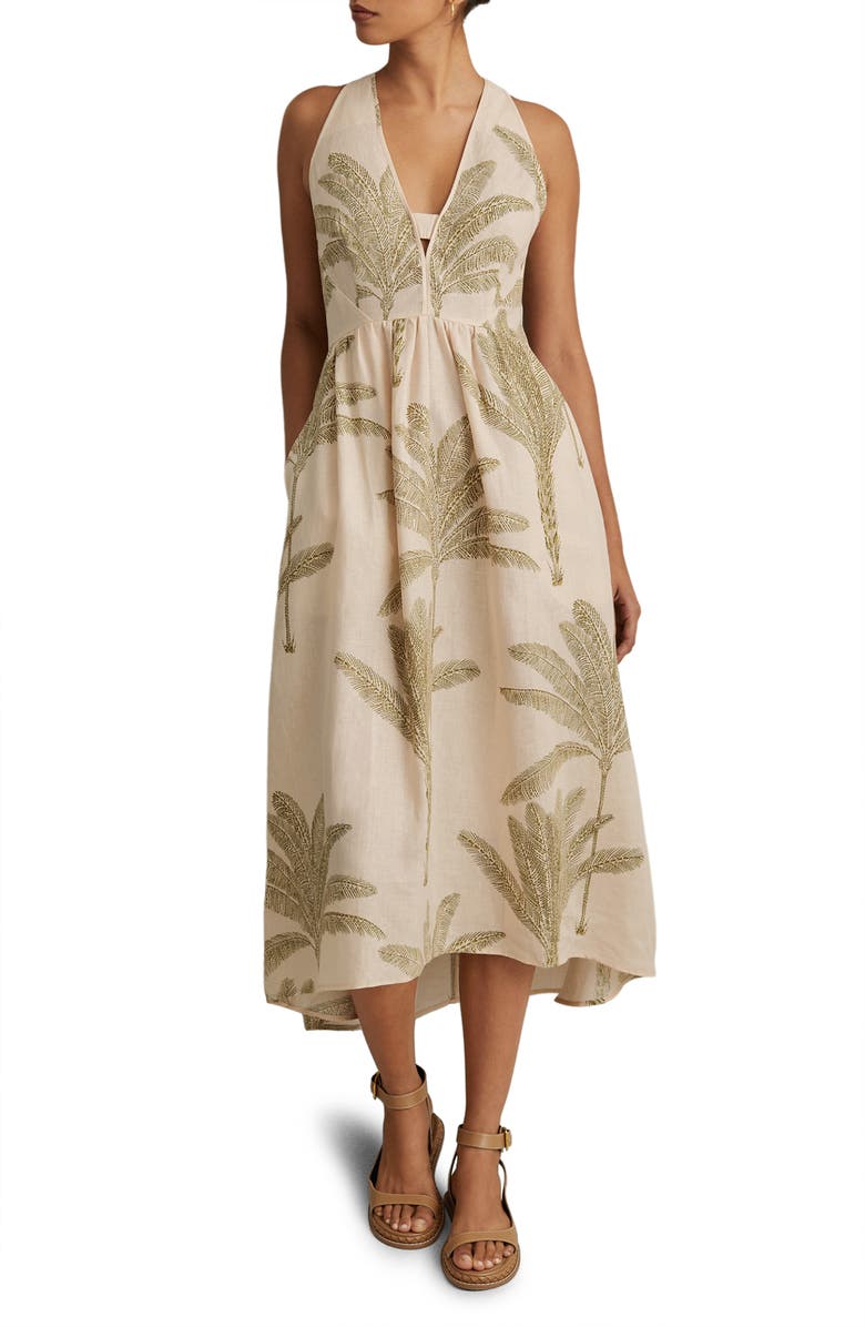 Reiss Anna Foliage Print Linen Midi Dress, Main, color,