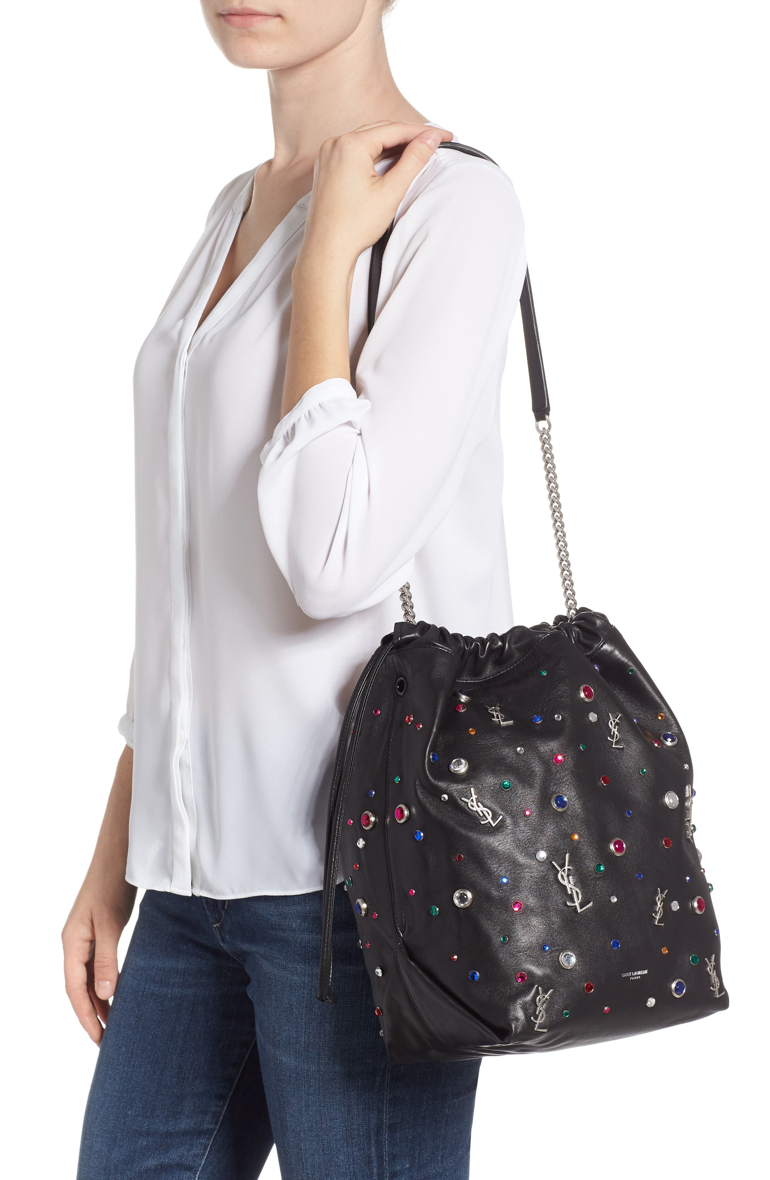 Saint Laurent Teddy Studded Leather Bucket Bag, Alternate, color, 