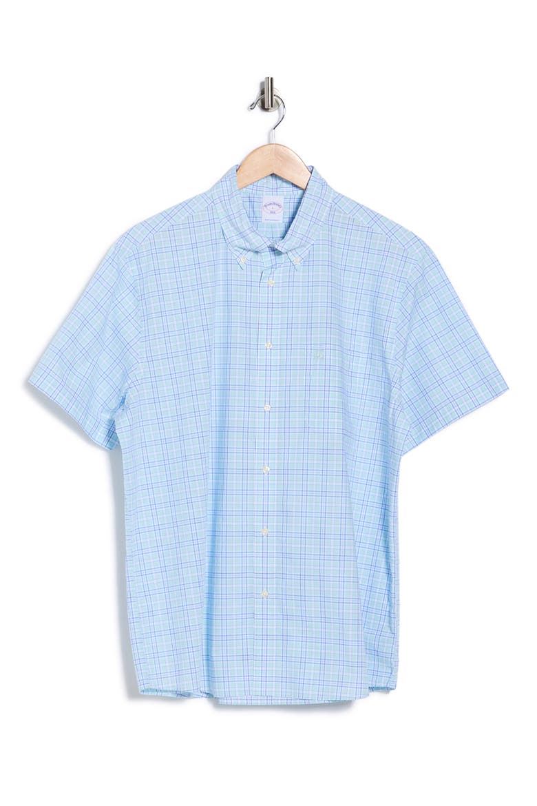 Regular Fit Plaid Short Sleeve Cotton Button-Down Shirt, Alternate, color, AQUA